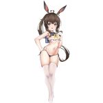  1girl ahoge amiya_(arknights) animal_ear_fluff animal_ears arknights bikini black_bikini blue_eyes breasts brown_hair bunny_ears chinese_commentary commentary_request full_body groin hand_on_hip hand_to_own_mouth highres kuroshiroemaki legs long_hair navel open_mouth ponytail see-through shirt side-tie_bikini simple_background sleeveless sleeveless_shirt small_breasts smile solo swimsuit thigh_gap thighhighs thighs white_background white_legwear 