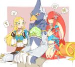  absurd_res accessory anthro aooni avian blonde_hair blue_body blue_feathers blush breath_of_the_wild clothed clothing crossdressing dancer_outfit embarrassed feathers female green_eyes group hair hi_res humanoid hylian male marine mipha nintendo plantigrade princess_zelda revali rito the_legend_of_zelda video_games zora 
