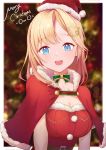  1girl absurdres arm_support belt blonde_hair blue_eyes border bow_choker breasts capelet christmas christmas_ornaments christmas_tree cleavage drop_earrings earrings hair_ornament hat highres hololive hololive_english jewelry large_breasts long_hair looking_at_viewer merry_christmas monocle_hair_ornament nekotokyo13 open_mouth santa_costume santa_hat single_earring solo upper_body virtual_youtuber watson_amelia white_border 