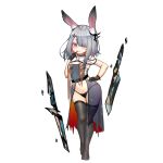  1girl animal_ear_fluff animal_ears arknights bikini black_bikini black_dress black_gloves black_legwear breasts bunny_ears chinese_commentary commentary_request dress finger_to_mouth frostnova_(arknights) full_body gloves groin hair_ornament hair_over_one_eye hairclip hand_on_hip hand_to_own_mouth highres kuroshiroemaki legs navel open_clothes open_dress red_eyes see-through short_hair side-tie_bikini silver_hair simple_background sleeveless sleeveless_dress small_breasts smile solo swimsuit thigh_gap thighhighs thighs tongue tongue_out white_background 