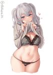  1girl black_bra black_panties blue_eyes bra breasts clothes_lift cowboy_shot ebifurya frilled_bra frills heart highres kantai_collection kashima_(kantai_collection) large_breasts navel panties sidelocks silver_hair smile stomach sweater sweater_lift tsurime twintails twitter_username underwear wavy_hair white_background 