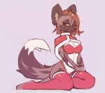  2020 african_wild_dog anthro blush bra breasts brown_hair canid canine cleavage clothed clothing female green_eyes hair hi_res hyaenid kneeling legwear looking_at_viewer mammal simple_background smile solo stockings ultrabondagefairy underwear 