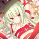  1girl armpits arms_up blush bound breasts cariboy clenched_teeth collarbone commentary_request flower green_hair long_hair looking_at_viewer murasame_(senren) naked_ribbon petals red_eyes red_ribbon ribbon ribbon_bondage senren_banka small_breasts solo teeth upper_body white_flower 