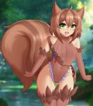  2020 animal_humanoid armwear blurred_background brown_hair brown_tail clothed clothing cute_fangs digital_media_(artwork) eyebrows eyelashes female green_eyes hair hi_res humanoid inner_ear_fluff looking_at_viewer open_mouth outside solo tuft twistedscarlett60 
