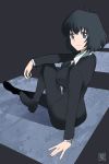  1girl arm_on_knee arm_support artist_name bangs black_footwear black_hair black_jacket black_legwear blue_eyes bob_cut breasts chain_sumeragi closed_mouth dress_shirt formal highres jacket kekkai_sensen kikumaru_bunta knee_up light_smile long_sleeves looking_at_viewer looking_back on_floor shirt short_hair signature sitting smile solo suit white_shirt 