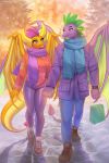  2020 5_fingers anthro blue_eyes clothed clothing digital_media_(artwork) dragon duo female fingers footwear friendship_is_magic fully_clothed green_eyes hand_holding hi_res holding_object horn male margony membrane_(anatomy) membranous_wings my_little_pony scalie scarf smolder_(mlp) spike_(mlp) walking wings 