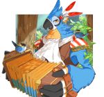  accordion anthro aooni avian bird blue_body blue_feathers blush breath_of_the_wild detailed_background feathers hi_res kass_(tloz) male musical_instrument musician nintendo outside parrot plant rito the_legend_of_zelda tree video_games 