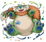  2020 absurd_res anthro belly canid canine canis domestic_dog dragon fur green_body green_fur hi_res hybrid iwbsb_kuma kemono male mammal overweight overweight_anthro overweight_male paws pento_(kamiyu) simple_background solo white_background white_body white_fur 