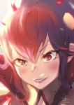  1girl anna_(fire_emblem) bangs blush commentary_request english_commentary fadingzz fire_emblem fire_emblem_awakening grin highres mixed-language_commentary pixiv_id popped_collar red_eyes red_hair sidelocks signature smile solo teeth 