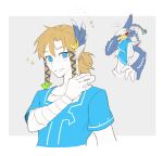  accessory angry anthro aooni avian bird blonde_hair blue_body blue_eyes blue_feathers blush breath_of_the_wild duo feathers hair hair_accessory hi_res humanoid hylian link male nintendo revali rito the_legend_of_zelda tsundere video_games 