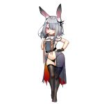  1girl animal_ear_fluff animal_ears arknights bikini black_bikini black_dress black_gloves black_legwear breasts bunny_ears chinese_commentary commentary_request dress finger_to_mouth frostnova_(arknights) full_body gloves groin hair_ornament hair_over_one_eye hairclip hand_on_hip hand_to_own_mouth highres kuroshiroemaki legs navel open_clothes open_dress red_eyes see-through short_hair side-tie_bikini silver_hair simple_background sleeveless sleeveless_dress small_breasts smile solo swimsuit thigh_gap thighhighs thighs tongue tongue_out white_background 