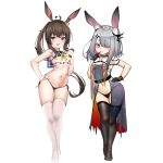  2girls ahoge amiya_(arknights) animal_ear_fluff animal_ears arknights bikini black_bikini black_dress black_gloves black_legwear blue_eyes breasts brown_hair bunny_ears chinese_commentary commentary_request dress finger_to_mouth frostnova_(arknights) full_body gloves groin hair_ornament hair_over_one_eye hairclip hand_on_hip hand_to_own_mouth highres kuroshiroemaki legs long_hair multiple_girls navel open_clothes open_dress open_mouth ponytail red_eyes see-through shirt short_hair side-tie_bikini silver_hair simple_background sleeveless sleeveless_dress sleeveless_shirt small_breasts smile swimsuit thigh_gap thighhighs thighs tongue tongue_out white_background white_legwear younger 