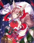  1girl ;d animal_ear_fluff animal_ears arm_up bangs bare_shoulders bell breasts brown_eyes brown_hair christmas commentary_request dated elbow_gloves eyebrows_visible_through_hair fingerless_gloves fur-trimmed_gloves fur-trimmed_headwear fur-trimmed_legwear fur-trimmed_shirt fur-trimmed_skirt fur_trim gloves hair_between_eyes hat holding holding_sack large_breasts long_hair looking_at_viewer one_eye_closed open_mouth original red_gloves red_headwear red_legwear red_shirt red_skirt sack sanbasou santa_costume santa_hat shirt sidelocks signature skirt sleeveless sleeveless_shirt smile solo sparkle tail thighhighs 