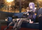  2girls alcohol bangs black_gloves black_neckwear breasts brown_hair city collared_shirt commission couch cup elbow_gloves eyebrows_visible_through_hair gloves holding holding_cup leaning_on_person long_hair medium_breasts multiple_girls necktie nima_(niru54) original purple_hair shirt short_hair skeb_commission sleeping thighhighs uniform yuri 