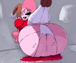  big_butt big_nose butt clothing clown dress footwear freckles girly gloves hair handwear hi_res high_heels humanoid legs_up looking_pleasured lying mrs.mayhem on_back panties piercing pink_body pink_eyes pink_hair red_clothing red_dress shoes socks solo tongue tongue_piercing underwear vimhomeless wide_hips 