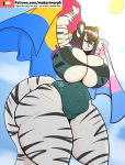  big_breasts breasts cleavage clothed clothing curvy_figure felid feline flag invalid_tag makarimorph mammal outside slightly_chubby swimwear towel voluptuous wide_hips 