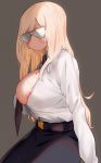  1girl areola_slip areolae bangs belt black_skirt blonde_hair blush breasts dress_shirt exhibitionism expressionless grey_background highres invisible_chair kawaikochan large_breasts long_hair necktie nipple_slip nipples one_breast_out original shirt signature sitting skirt sunglasses 
