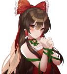  1girl absurdres bare_shoulders bell blush bound bow breasts brown_eyes brown_hair choker christmas closed_mouth dress eyebrows_visible_through_hair fur_trim green_ribbon hair_between_eyes hair_bow hair_tubes hakurei_reimu head_tilt highres long_hair looking_at_viewer meoyo red_bow red_choker red_dress ribbon santa_costume sidelocks simple_background small_breasts smile solo strapless strapless_dress touhou upper_body white_background 