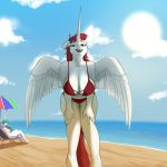  absurd_res anthro anthrofied beach big_breasts bikini breasts cleavage clothed clothing equid female four_eyes_(artist) friendship_is_magic hasbro hi_res horn lauren_faust_(character) leaning leaning_forward mammal mature_anthro mature_female my_little_pony nude princess_celestia_(mlp) seaside swimwear umbrella winged_unicorn wings 