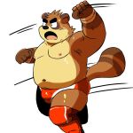  2014 anthro belly bodily_fluids brown_body brown_fur canid canine clothing fur low_res male mammal moobs navel nipples overweight overweight_anthro overweight_male raccoon_dog shiba-kenta solo sweat tanuki underwear 