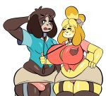  animal_crossing anthro big_breasts blue_eyes blush breasts bulge camel_toe canid canine canis clothed clothing digby_(animal_crossing) domestic_dog duo female fur green_eyes hair hand_behind_head hand_on_hip holding_leash holding_object huge_breasts isabelle_(animal_crossing) isolatedartest leash male male/female mammal nintendo shih_tzu simple_background smile thick_thighs toy_dog video_games white_background wide_hips yellow_body yellow_fur 