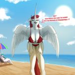  absurd_res anthro anthrofied beach big_breasts bikini breasts cleavage clothed clothing dialogue equid female four_eyes_(artist) friendship_is_magic hasbro hi_res horn lauren_faust_(character) leaning leaning_forward mammal mature_anthro mature_female my_little_pony nude princess_celestia_(mlp) seaside swimwear umbrella winged_unicorn wings 
