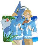  anthro aooni apple avian beach blonde_hair blue_body blue_eyes blue_feathers breath_of_the_wild clothing duo eating feathers food fruit green_eyes hair hi_res humanoid humanoid_pointy_ears hylian link male nintendo plant revali rito seaside shirt skewer smoked_fishh t-shirt the_legend_of_zelda topwear video_games 