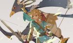  anthro aooni arrow avian beak bird blue_body blue_feathers bow_(weapon) braided_hair breath_of_the_wild duo feathers hair hi_res humanoid hylian link male melee_weapon nintendo ranged_weapon revali rito sword the_legend_of_zelda video_games weapon 