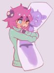  2020 anthro billie_corneja blue_eyes blush body_pillow clothing dakimakura_design dakimakura_pillow domestic_pig female green_clothing green_sweater green_topwear hair hi_res hugging_pillow mammal one_eye_closed open_mouth pillow pink_hair simple_background smile solo suid suina sus_(pig) sweater topwear ultra_(ultrabondagefairy) ultrabondagefairy 