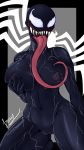  2018 9:16 alien big_breasts black_body breasts female fraydragon genitals hand_on_breast hi_res humanoid long_tongue marvel muscular muscular_female muscular_humanoid nipples pose pussy sharp_teeth she-venom signature simple_background sitting solo symbiote teeth text thick_thighs tongue tongue_around_breasts tongue_out venom_(marvel) white_eyes wide_hips 