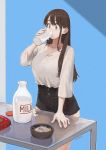  1girl bangs black_shorts bottle breasts brown_eyes brown_hair cleavage collarbone commentary cookie cup drinking food glass hand_up highres holding holding_cup jewelry jun_(seojh1029) large_breasts long_hair long_sleeves milk milk_bottle original package shirt shirt_tucked_in shorts sitting solo white_shirt 