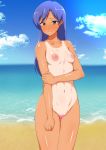  1girl abs absurdres beach blue_hair blue_sky blush breasts brown_eyes censored cleavage cloud collarbone completely_nude day embarrassed eyelashes furrowed_eyebrows heart heart_censor highres hip_bones holding_own_arm idolmaster idolmaster_(classic) jabara_tornado kisaragi_chihaya long_hair looking_at_viewer muscular navel nipples nude ocean one-piece_tan outdoors pussy pussy_juice sky small_breasts solo sweat tan tanline thick_thighs thighs toned wide_hips 