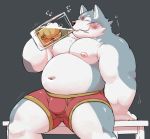  2020 alcohol anthro beer belly beverage bulge canid canine canis clothed clothing domestic_dog drunk eyes_closed kemono male mammal meg_hoi moobs navel nipples overweight overweight_anthro overweight_male sitting solo substance_intoxication topless underwear 