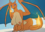  anthro big_breasts blue_sclera breasts butt charizard claws curvy_figure female hi_res huge_breasts looking_at_viewer nintendo nipples no_irises nude pok&eacute;mon pok&eacute;mon_(species) pupils simple_background slit_pupils smile solo vader-san video_games voluptuous 