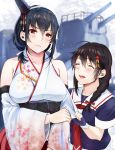  2girls ^_^ ^o^ ahoge bare_shoulders black_gloves black_hair black_serafuku blurry blurry_background blush braid closed_eyes detached_sleeves facing_another fingerless_gloves gloves hair_between_eyes hair_flaps hair_ornament hair_over_shoulder highres kantai_collection looking_at_viewer magai_akashi multiple_girls necktie nontraditional_miko red_eyes red_neckwear remodel_(kantai_collection) school_uniform serafuku shigure_(kantai_collection) sleeve_tug turret wide_sleeves yamashiro_(kantai_collection) 