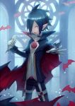  1boy animal bare_pecs bat black_cape black_choker blue_hair cape choker collarbone disgaea fang fish gloves hair_over_one_eye highres holding holding_animal holding_fish indoors light_particles makai_senki_disgaea_4 male_focus open_hand open_mouth pointy_ears red_eyes toima_(beat0829) valvatorez_(disgaea) vampire white_gloves window x 