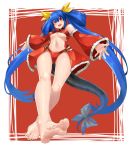  1girl absurdres alternate_color ass_visible_through_thighs asymmetrical_wings bare_shoulders barefoot bikini black_collar blue_hair breasts collar dizzy_(guilty_gear) eiji_(eiji) feet from_below guilty_gear highres large_breasts long_hair long_sleeves looking_at_viewer nail_polish navel open_mouth red_background red_eyes red_nails ribbon smile soles solo swimsuit tail toenail_polish toenails toes underboob wings 