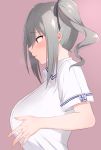  1girl absurdres argule0901 blush breast_squeeze breasts collared_shirt drill_hair grey_hair hair_ribbon highres idolmaster idolmaster_cinderella_girls kanzaki_ranko large_breasts red_eyes ribbon shirt sidelocks simple_background sweat twin_drills twintails upper_body white_shirt 
