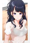  1girl bangs black_hair bra_visible_through_clothes bralines breasts commentary_request eyebrows_visible_through_hair highres hogey_nk-2000 idolmaster idolmaster_shiny_colors indoors kazano_hiori long_hair medium_breasts mole mole_under_mouth parted_lips ponytail purple_eyes see-through shiny shiny_hair shirt short_sleeves solo sports_bra steaming_body sweat upper_body wavy_mouth wet wet_clothes wet_shirt wooden_floor 