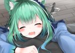  1girl absurdres animal_ear_fluff animal_ears bangs blue_sleeves blush cat_ears cat_tail closed_eyes commentary_request cure_nashi detached_sleeves eyebrows_visible_through_hair facing_viewer fang green_hair highres hololive mouth_drool open_mouth solo tail uruha_rushia virtual_youtuber 