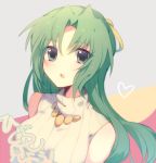  1girl :o eyebrows_visible_through_hair green_eyes green_hair hair_ribbon heart higurashi_no_naku_koro_ni jewelry jyuuroku necklace open_mouth ribbed_sweater ribbon simple_background sleeveless sleeveless_turtleneck solo sonozaki_shion sweater turtleneck turtleneck_sweater yellow_neckwear yellow_ribbon 