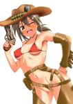  1girl :d belt blush breasts brown_eyes brown_hair bullet cowboy_hat eyebrows_visible_through_hair gun hair_between_eyes hair_ornament hakase_yurisuki hat holding holding_gun holding_weapon looking_at_viewer minowa_gin no_panties open_mouth revolver short_hair smile solo weapon western yuuki_yuuna_wa_yuusha_de_aru yuusha_de_aru 