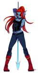  2019 animal_humanoid belt boots breasts cleavage clothed clothing eye_patch eyewear female fish fish_humanoid footwear hair humanoid long_hair marine marine_humanoid melee_weapon polearm red_hair signature simple_background smile solo spear undertale undyne uwasa video_games weapon 