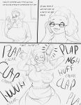  absurd_res anthro bovid caprine cellphone clothed clothing dialogue dreamy_pride eyewear female glasses hi_res lina_(dreamy_pride) mammal monochrome onomatopoeia phone sheep solo sound_effects startled text 