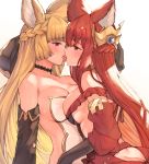  2girls animal_ears anthuria ass bangs bare_shoulders black_choker blonde_hair blunt_bangs blush breast_press breasts butt_crack choker cleavage collarbone commentary_request detached_sleeves erune eye_contact eyebrows_visible_through_hair french_kiss granblue_fantasy highres kiss koretsuki_azuma large_breasts long_hair looking_at_another multiple_girls purple_eyes red_eyes red_hair simple_background sweat symmetrical_docking tongue tongue_out white_background yuisis_(granblue_fantasy) yuri 
