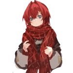  1girl ange_katrina blue_eyes closed_mouth eyebrows_visible_through_hair hair_between_eyes hair_ornament hairclip highres kawaguchi_(mojacome) nijisanji patterned patterned_clothing red_hair red_scarf scarf short_hair simple_background sketch solo upper_body white_background wide_sleeves winter_clothes 