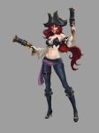  1girl absurdres belt black_headwear boots breasts cleavage collarbone dual_wielding green_eyes grey_background gun hair_over_one_eye hat high_heel_boots high_heels highres holding holding_gun holding_weapon league_of_legends lipstick long_hair makeup navel pirate pirate_hat red_hair red_lips red_lipstick sarah_fortune simple_background smile solo standing teeth thigh_strap weapon yudi 
