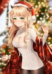  1girl black_legwear blonde_hair blush breasts christmas christmas_tree cleavage cleavage_cutout closed_mouth clothing_cutout commentary dress english_commentary green_eyes hand_up hat highres long_hair long_sleeves looking_at_viewer medium_breasts nicccolee original pantyhose plaid red_headwear ribbed_sweater santa_hat smile solo sweater sweater_dress turtleneck turtleneck_sweater white_sweater 