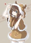  1girl :3 ahoge alternate_costume blue_eyes blush braid brown_background brown_capelet brown_hair capelet cocax_x cowboy_shot from_side fur-trimmed_capelet fur_trim hair_flaps hair_ornament hair_over_shoulder heart highres hood hooded_capelet kantai_collection looking_at_viewer remodel_(kantai_collection) shigure_(kantai_collection) simple_background smile solo thighhighs twitter_username white_legwear 