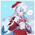  1girl animal_ears belt bloop_(gawr_gura) blue_eyes blue_hair blush breasts bubble carrying_over_shoulder cat_ears christmas cowboy_shot crop_top detached_sleeves english_commentary fish_tail gawr_gura gift_bag hair_ornament hat heart highres hololive hololive_english kemonomimi_mode light_blue_background long_hair looking_at_viewer midriff miniskirt multicolored_hair navel open_mouth pleated_skirt pom_pom_(clothes) red_headwear red_shirt red_skirt santa_costume santa_hat shark_hair_ornament shark_tail sharp_teeth shirt short_twintails silver_hair simple_background skirt small_breasts smile snowflakes solo spoken_heart streaked_hair tail teeth twintails two-tone_hair two_side_up virtual_youtuber waving wide_sleeves zanyak 